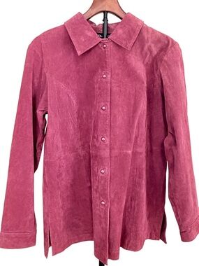 Denim & Co. 100% Genuine Leather Button-Up Shirt Jacket Shacket Muave Medium